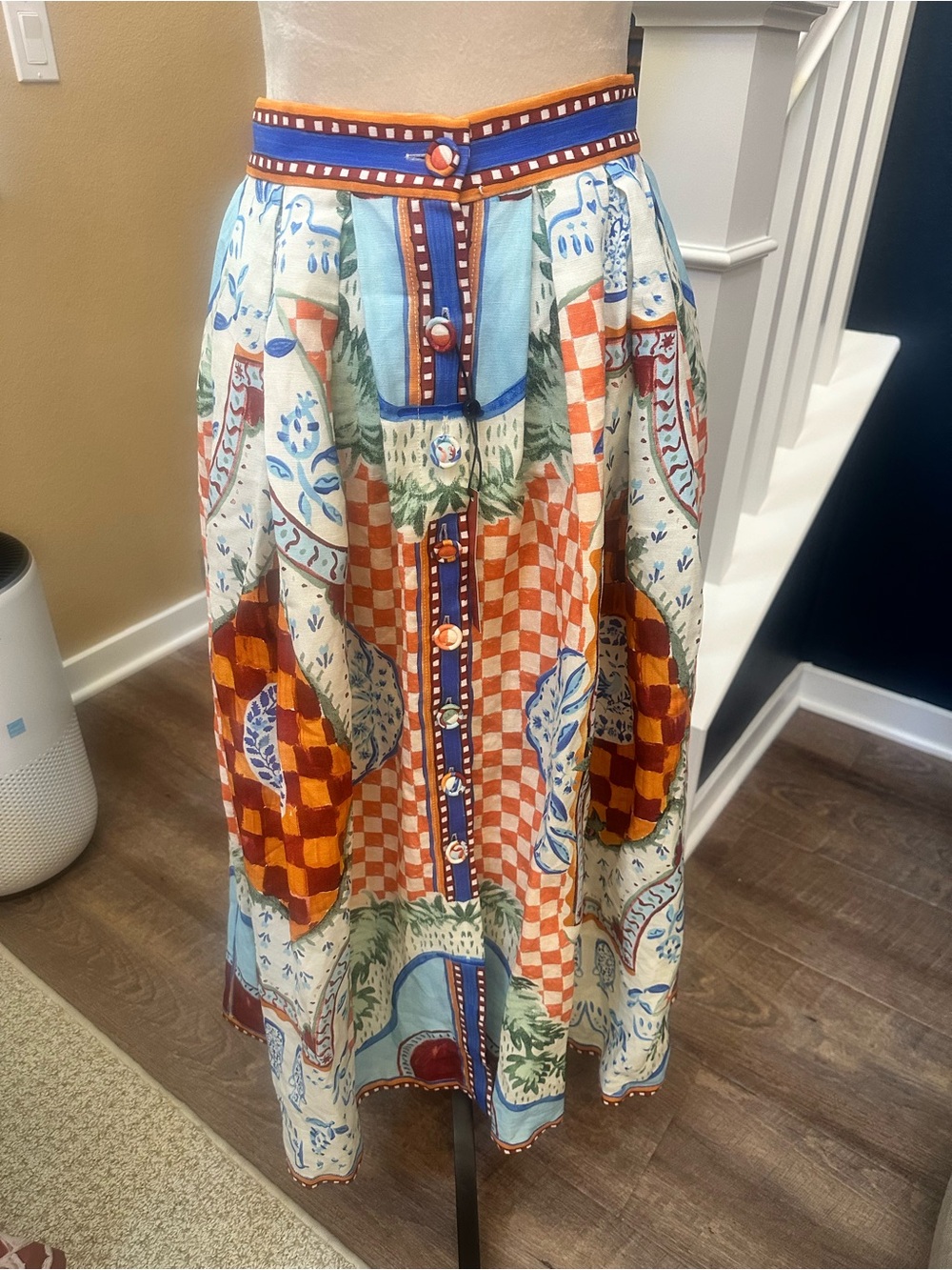 HUNTER BELL Orange & Blue Patchwork-Print Button Midi Skirt
